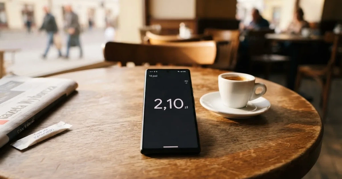Smartfon z ciemnym ekranem leży na drewnianym stoliku w kawiarni obok małej filiżanki kawy, w miękkim świetle z okna.