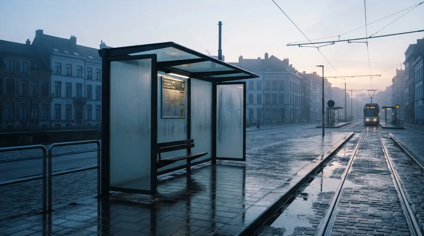 Pusta wiata przystanku tramwajowego na miejskiej ulicy o świcie, pusta ławka i mokry chodnik.