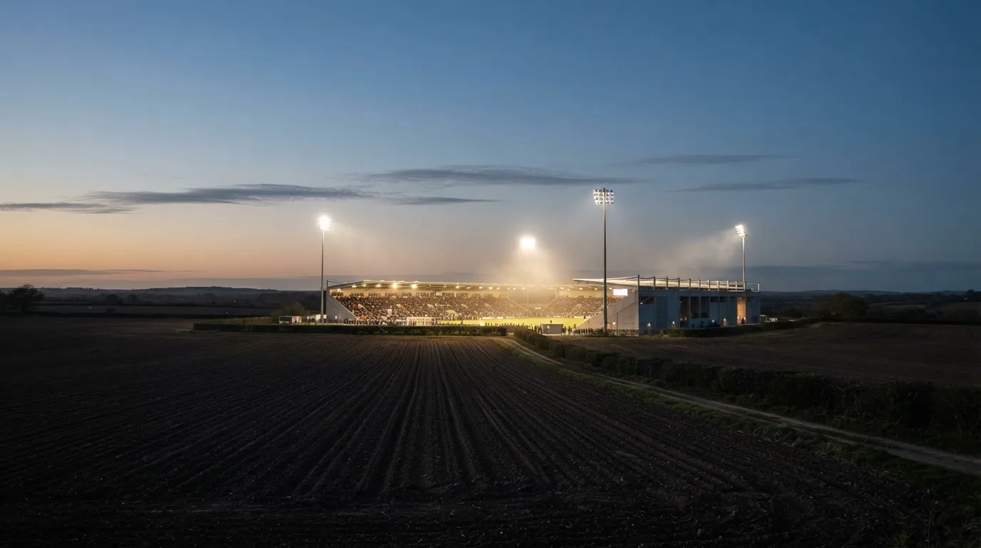 Stadion rozświetlony reflektorami widziany z daleka znad ciemnych pól w pogodny wieczór.
