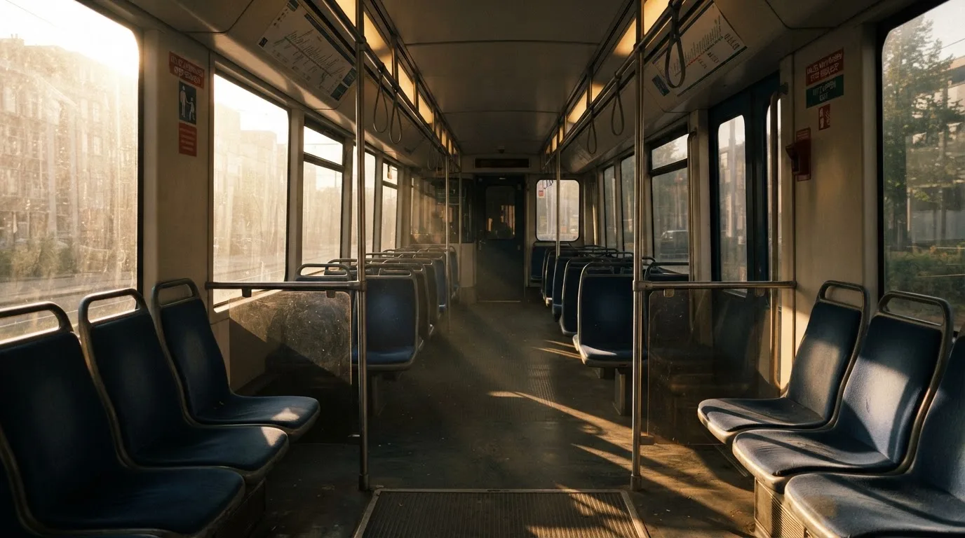 Wnętrze pustego tramwaju z rzędami siedzeń i poręczą w porannym świetle.