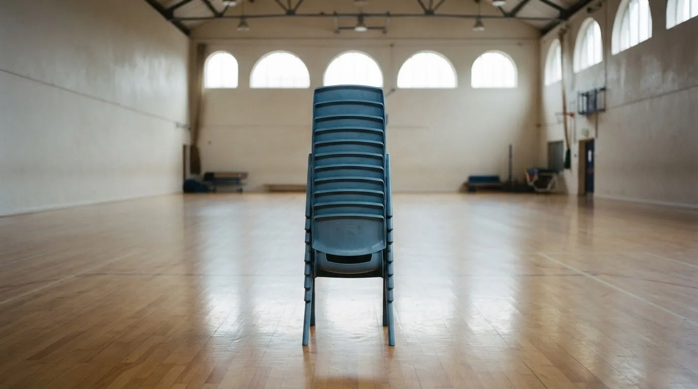 Starannie ułożony stos plastikowych krzeseł w pustej hali sportowej z wysokimi oknami.