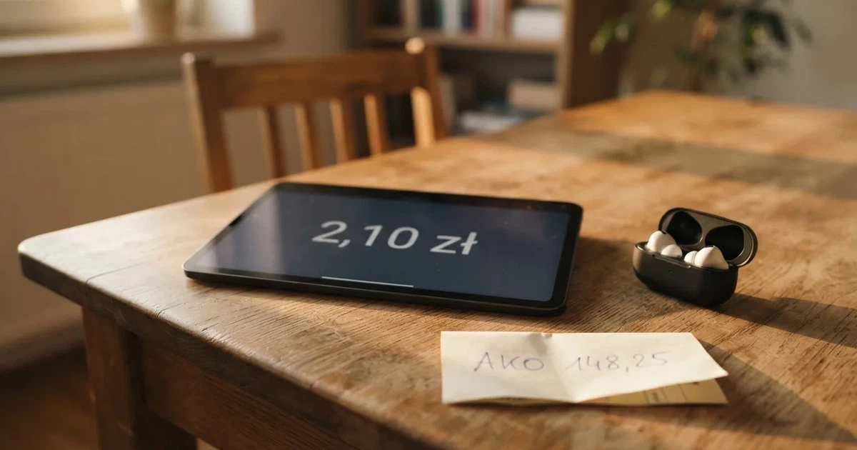 Tablet leży ekranem do dołu na drewnianym biurku obok pary słuchawek dousznych.