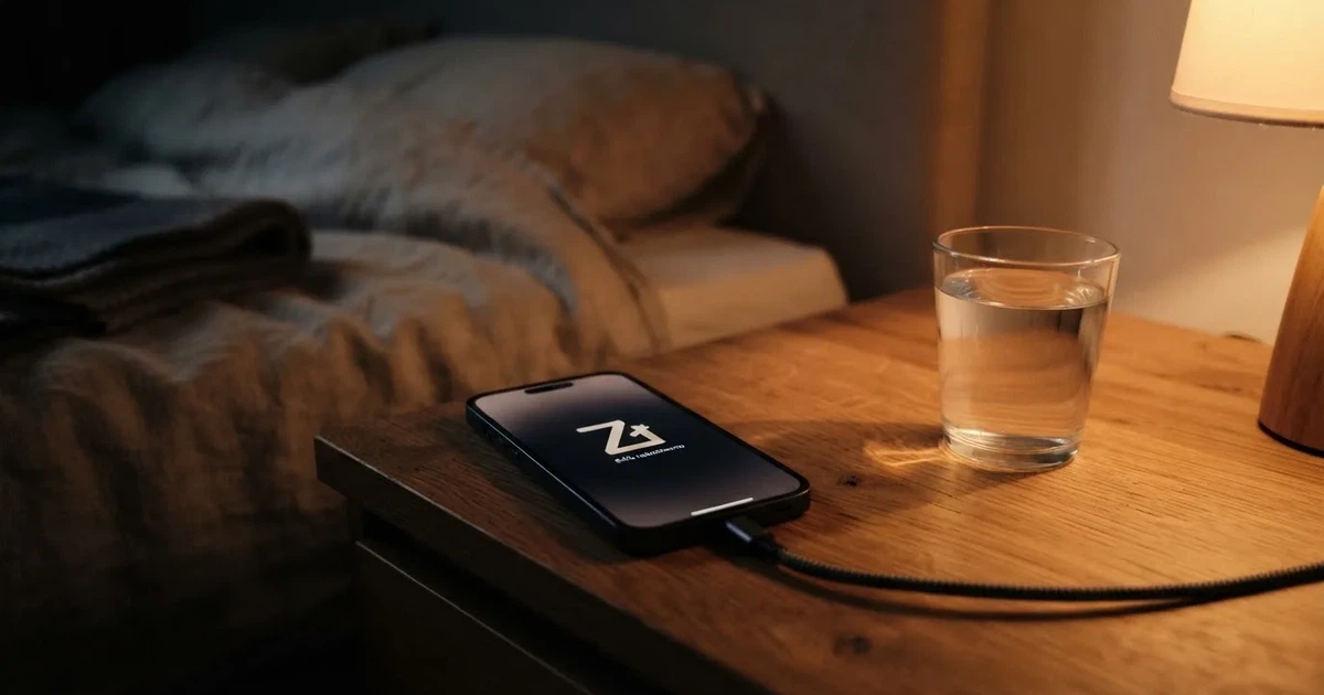 Telefon ładuje się na szafce nocnej obok szklanki wody w przyćmionym świetle sypialni.