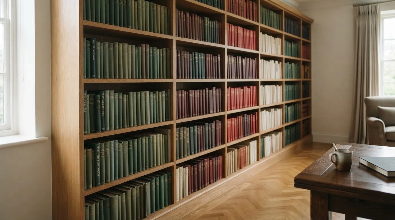 Wysoka drewniana biblioteczka w cichym pokoju czytelni, książki ustawione w równych rzędach.