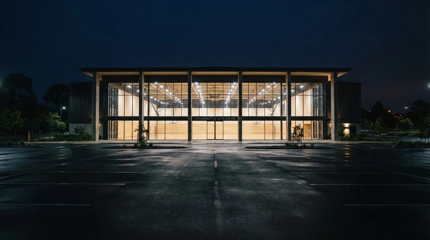 Duża hala sportowa widziana z daleka, parkiet jest pusty, a nad nim świecą rzędy reflektorów.