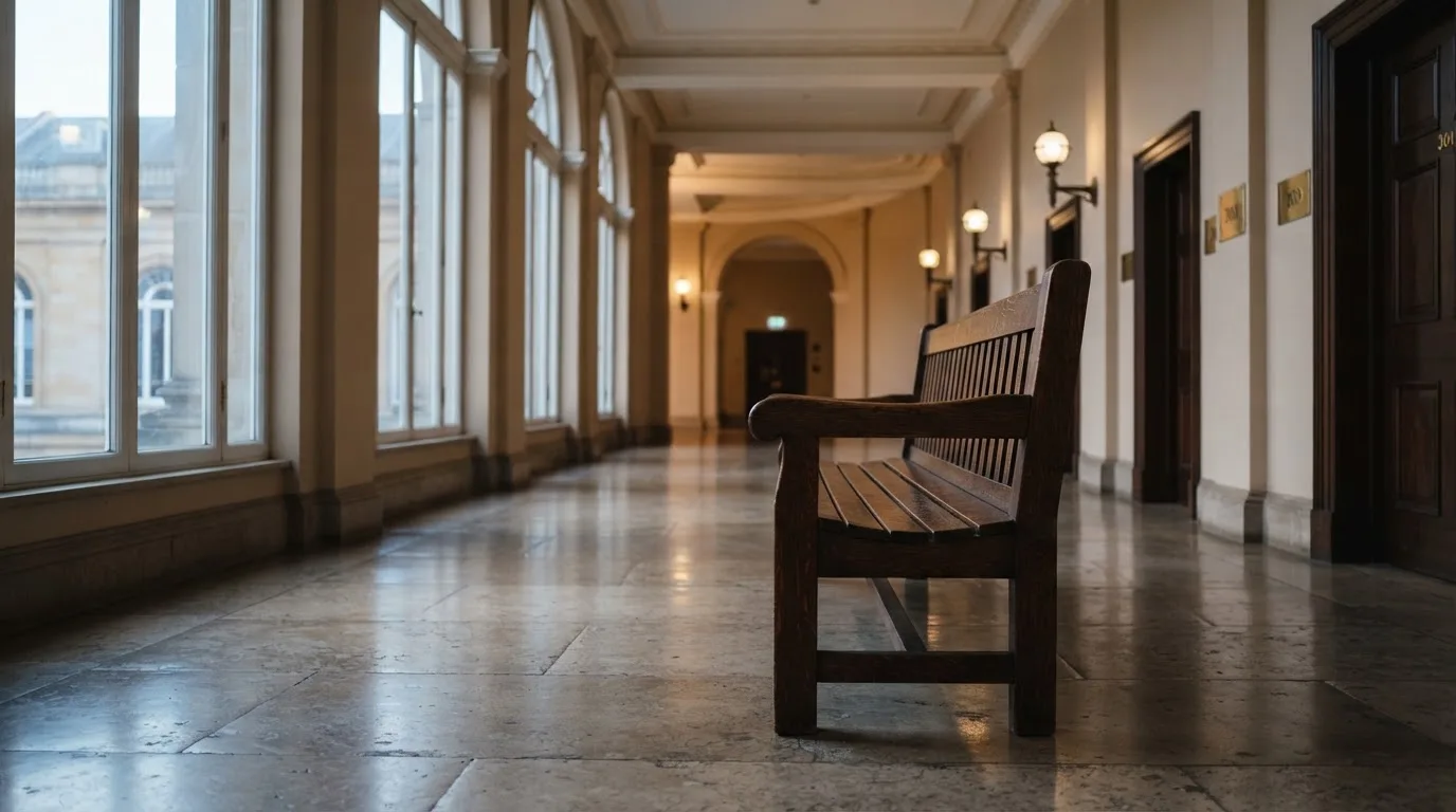 Ciężka drewniana ława stoi na korytarzu budynku z wysokimi oknami, w których odbija się poranne światło.