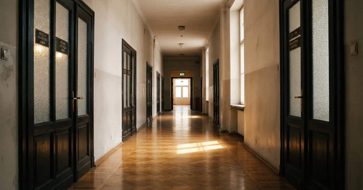 Długi korytarz z drewnianymi drzwiami i matowymi szybami, po posadzce przesuwa się smuga światła.