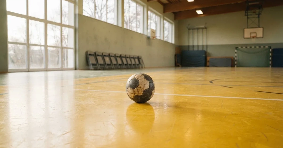 Piłka ręczna leży na żółtym parkiecie sali sportowej, pod ścianą stoją złożone krzesła.