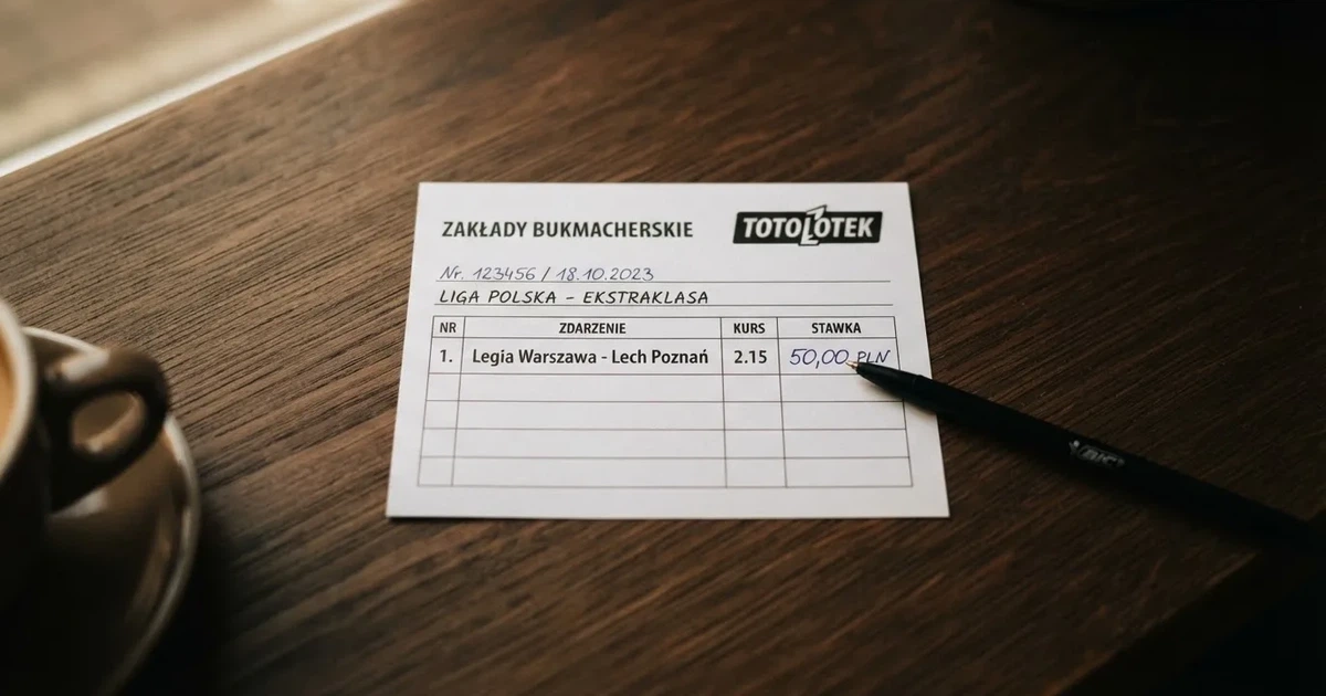 Biały papierowy kupon z pustymi polami leży na ciemnym blacie obok długopisu, widok z góry.