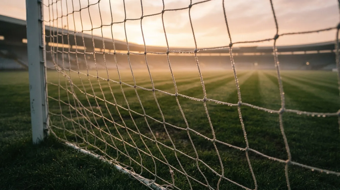 Siatka bramki piłkarskiej z kroplami rosy, w tle pusta murawa o poranku.