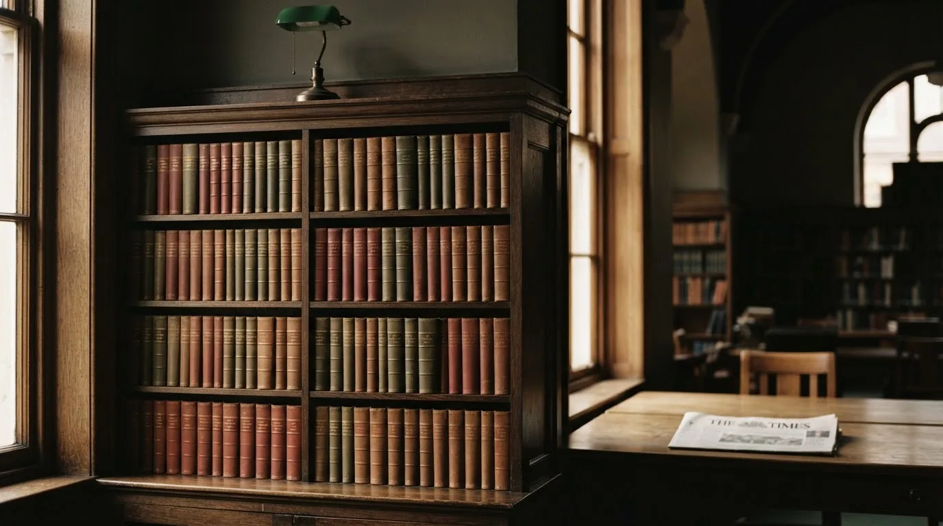 Regał z zamkniętymi książkami w skórzanych oprawach w cichej bibliotece, światło pada z boku.