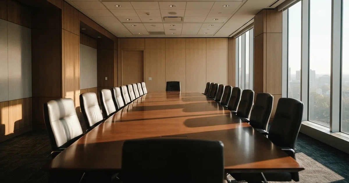 Pusta sala konferencyjna z długim stołem i skórzanymi krzesłami, światło wpada przez wysokie okna.