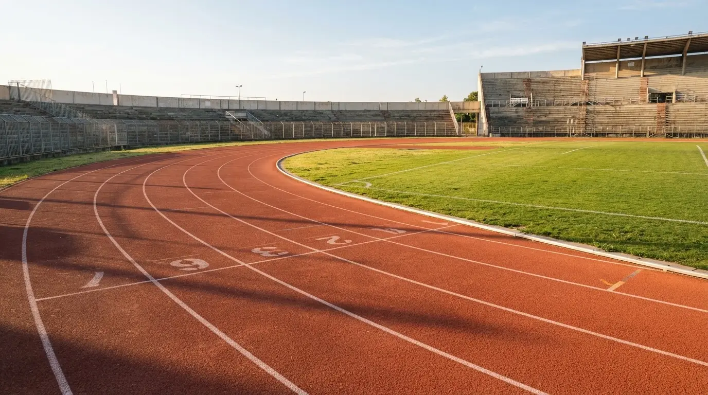 Bieżnia lekkoatletyczna wygięta w łuk pustego stadionu w porannym słońcu.