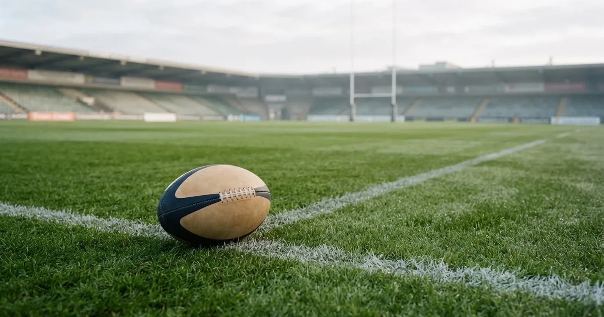 Piłka do rugby leży na pustej murawie, w tle stoją wysokie słupy bramki.
