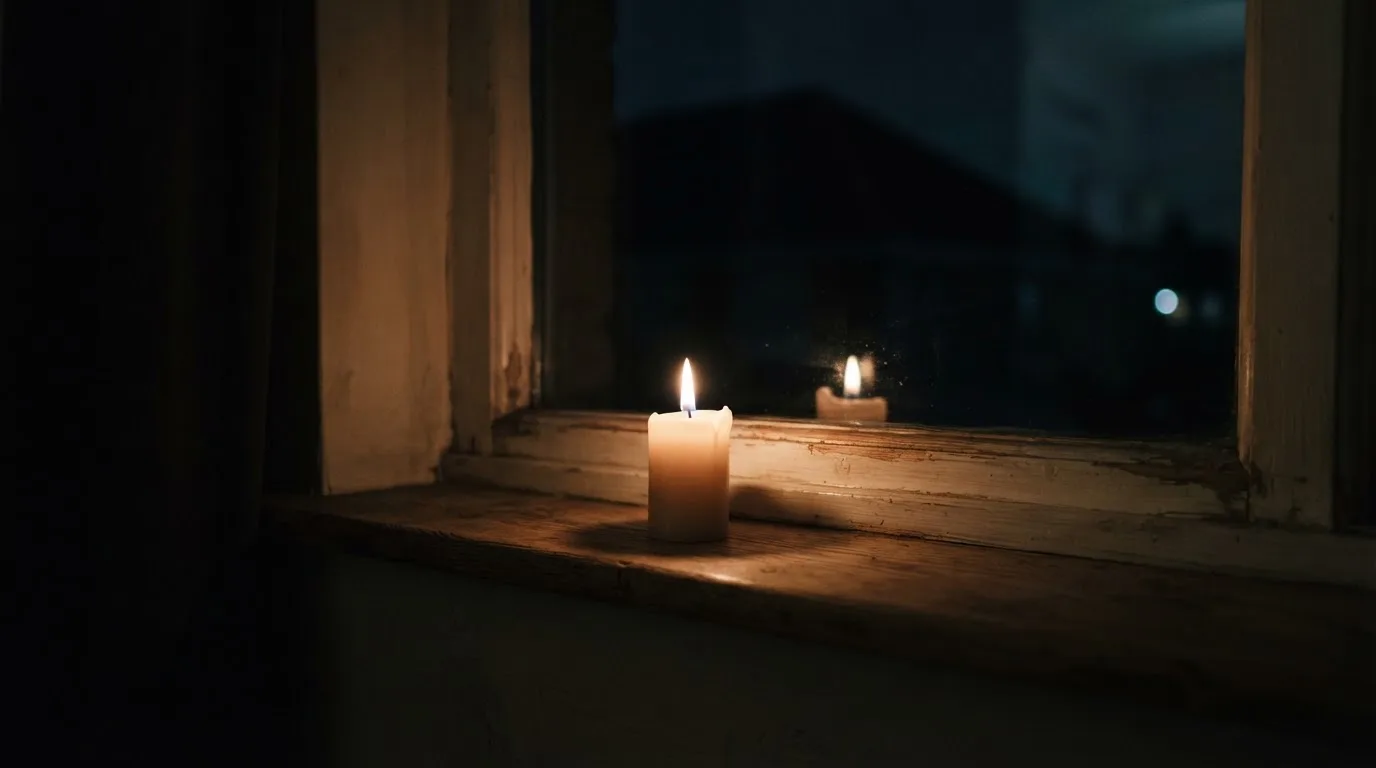 Zapalona świeca na parapecie w ciemnym pokoju, za oknem noc.