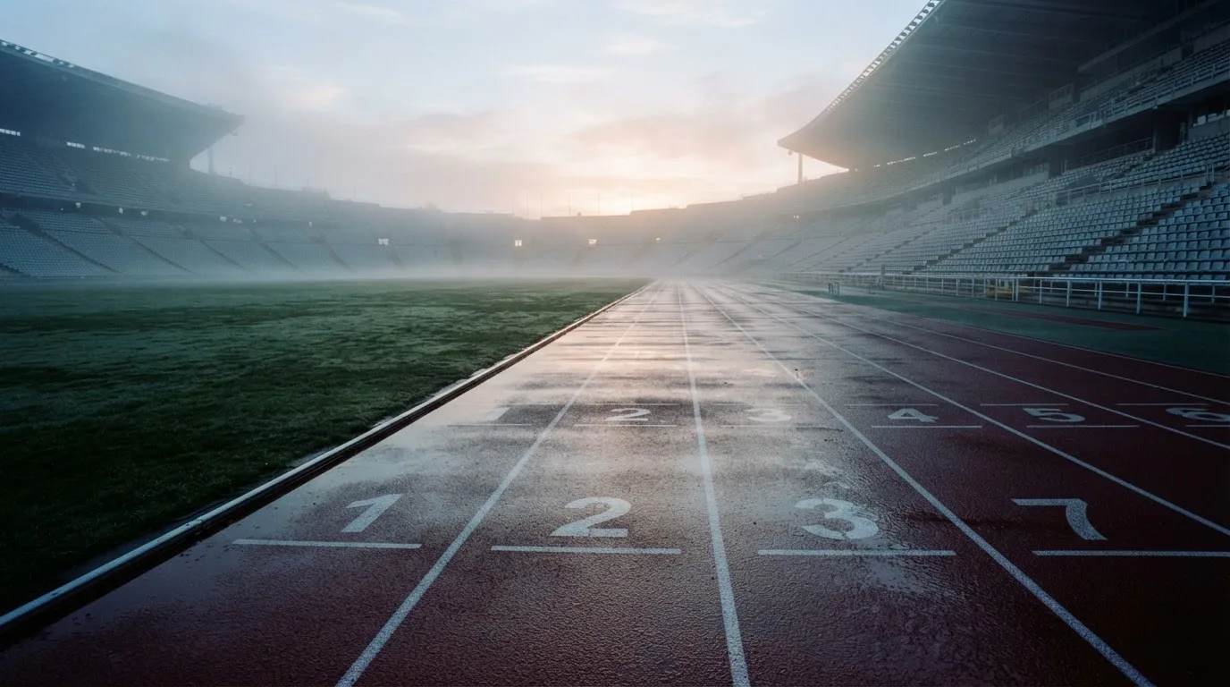 Pusty tor biegowy stadionu lekkoatletycznego o poranku, mokra czerwona nawierzchnia i smugi mgły nad trybunami.