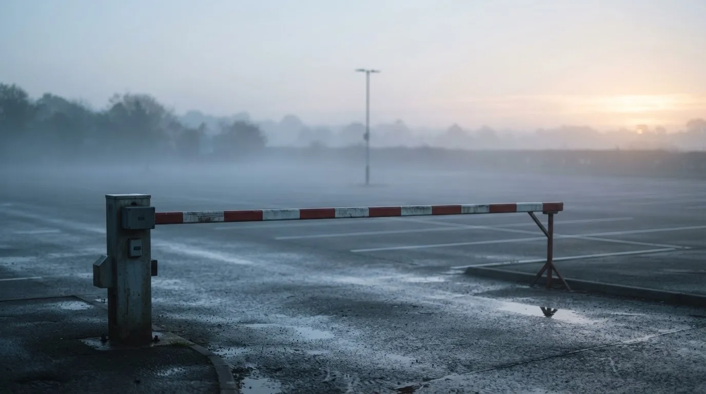 Szlaban w poziomie przy wjeździe na pusty parking o świcie, mgła nad asfaltem.