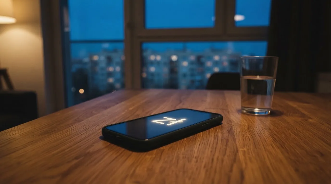 Smartfon leżący ekranem do dołu na drewnianym stole obok szklanki wody, za oknem wieczorne światło miasta.
