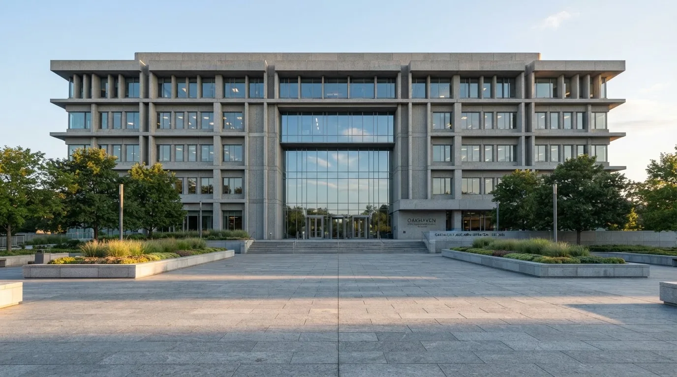 Nowoczesny budynek z szarego betonu i szkła o poranku, szeroki plac przed wejściem, żadnych przechodniów.