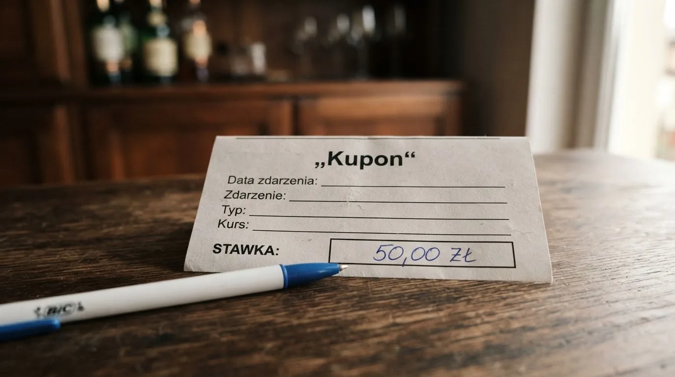 Pusty papierowy kupon zakładu leżący na drewnianym stole obok długopisu, w tle rozmyta szafka.