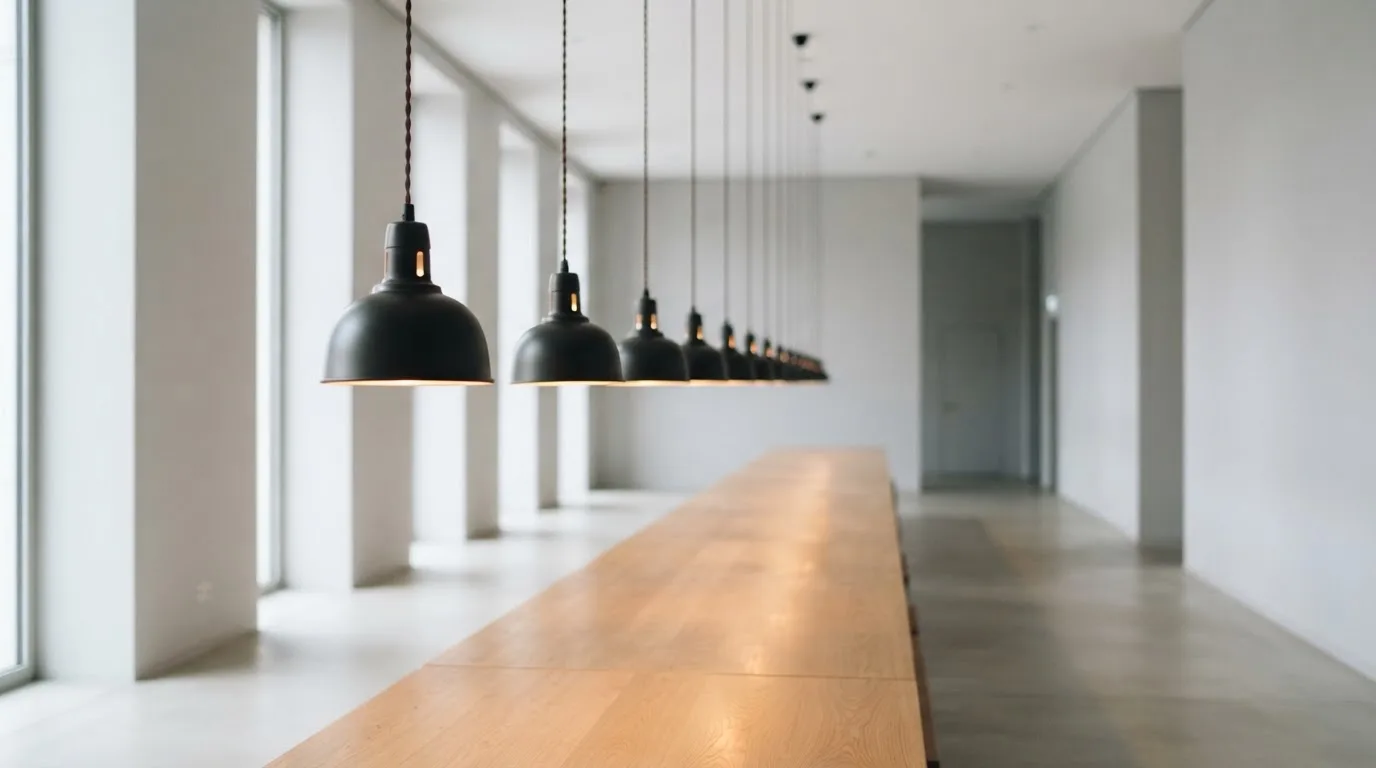 Kilka wiszących lamp w szeregu nad pustym stołem w jasnej sali, lekko rozmyte tło i gładkie ściany.