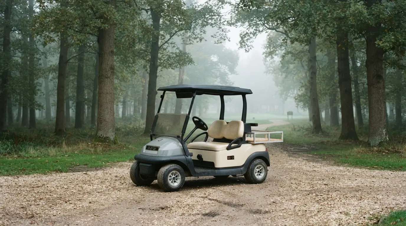 Elektryczny wózek golfowy zaparkowany na żwirowej alejce pod drzewami w mglisty poranek, nikogo w pobliżu.