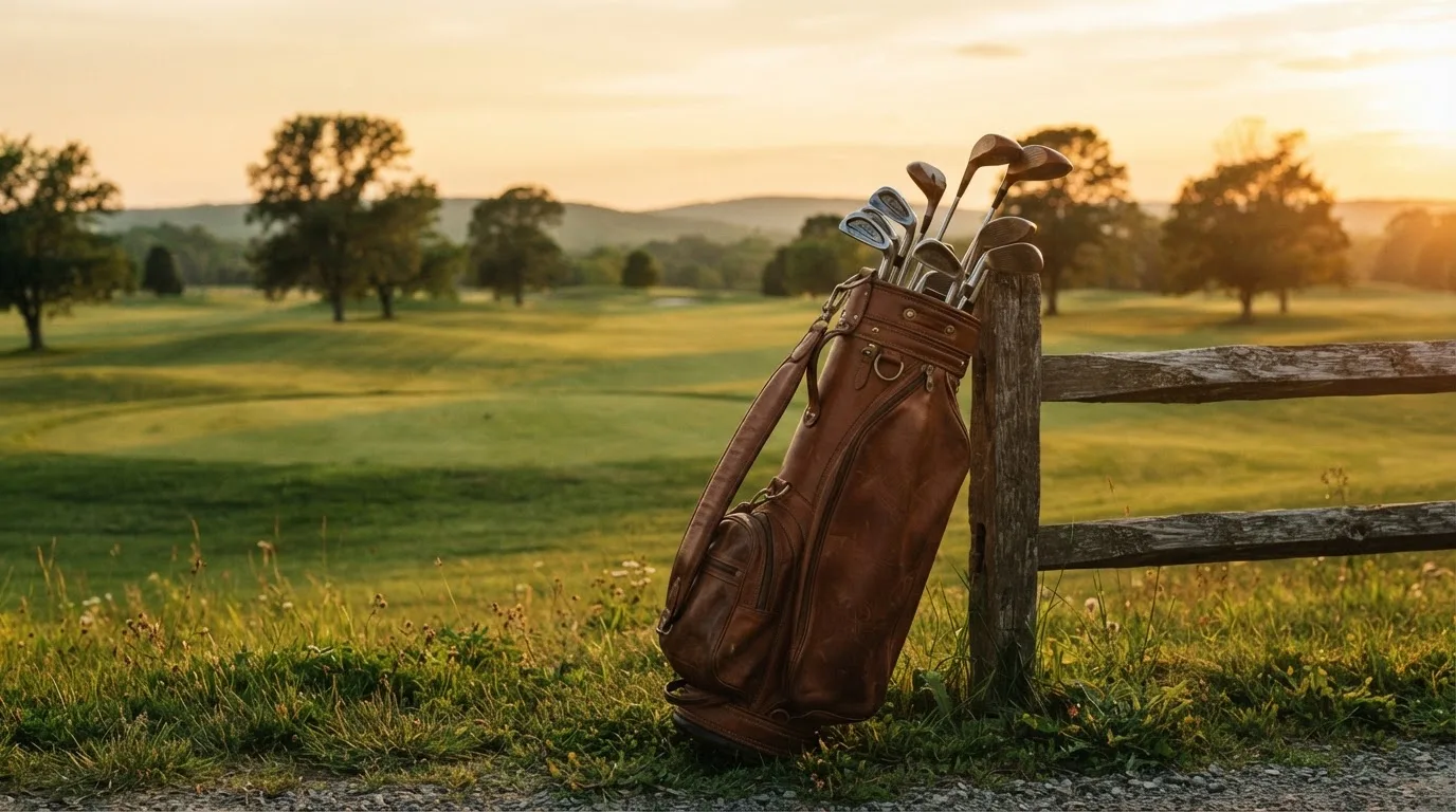 Torba golfowa z kijami oparta o drewniany płotek na polu golfowym, w tle wzgórza w złotym świetle zachodu.