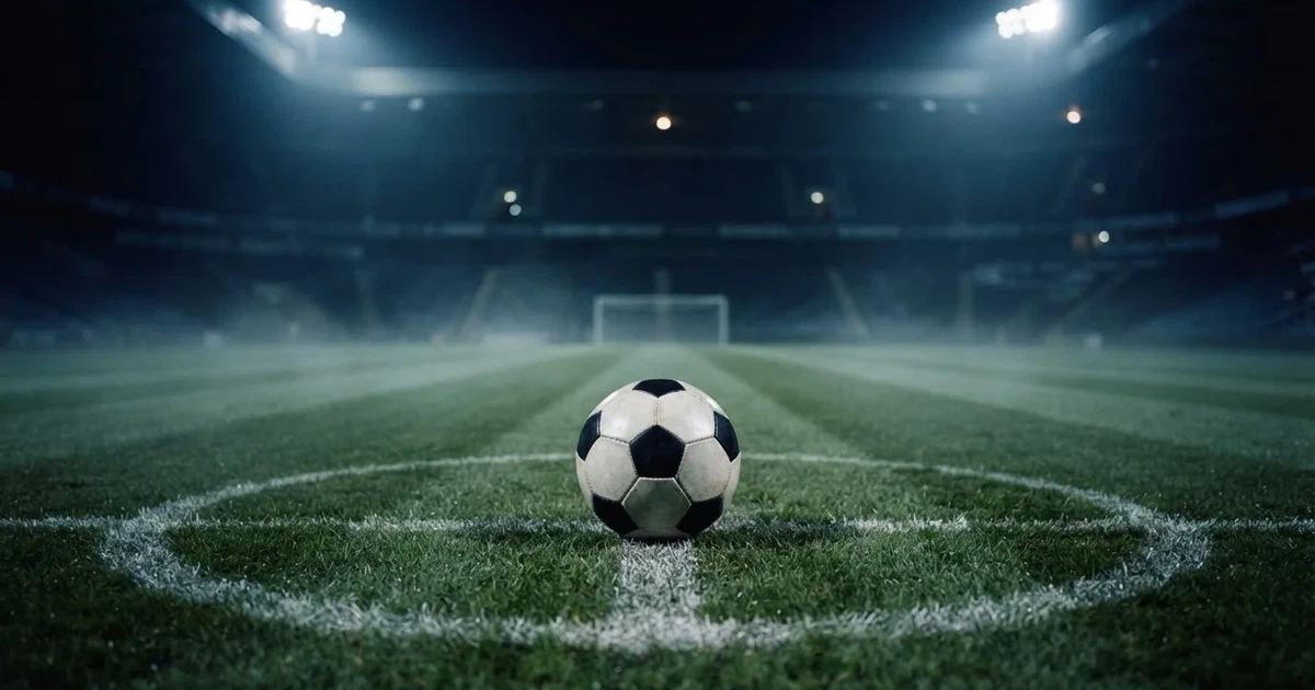 Piłka nożna leży na środku murawy pod rozświetlonym nocnym niebem, nad stadionem unosi się lekka mgła, a trybuny toną w półmroku.