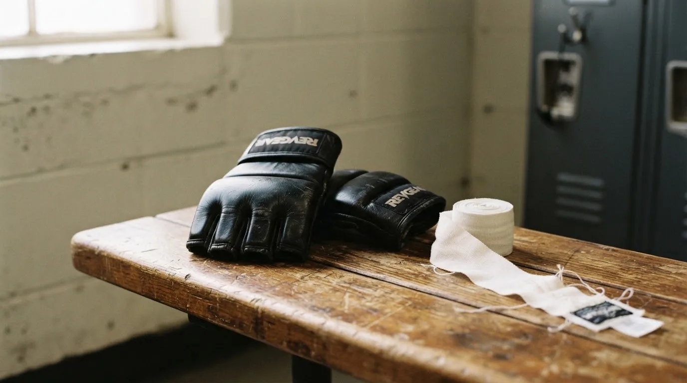 Czarne rękawice MMA z odsłoniętymi palcami leżą na drewnianej ławce w szatni, obok zwinięty bandaż.
