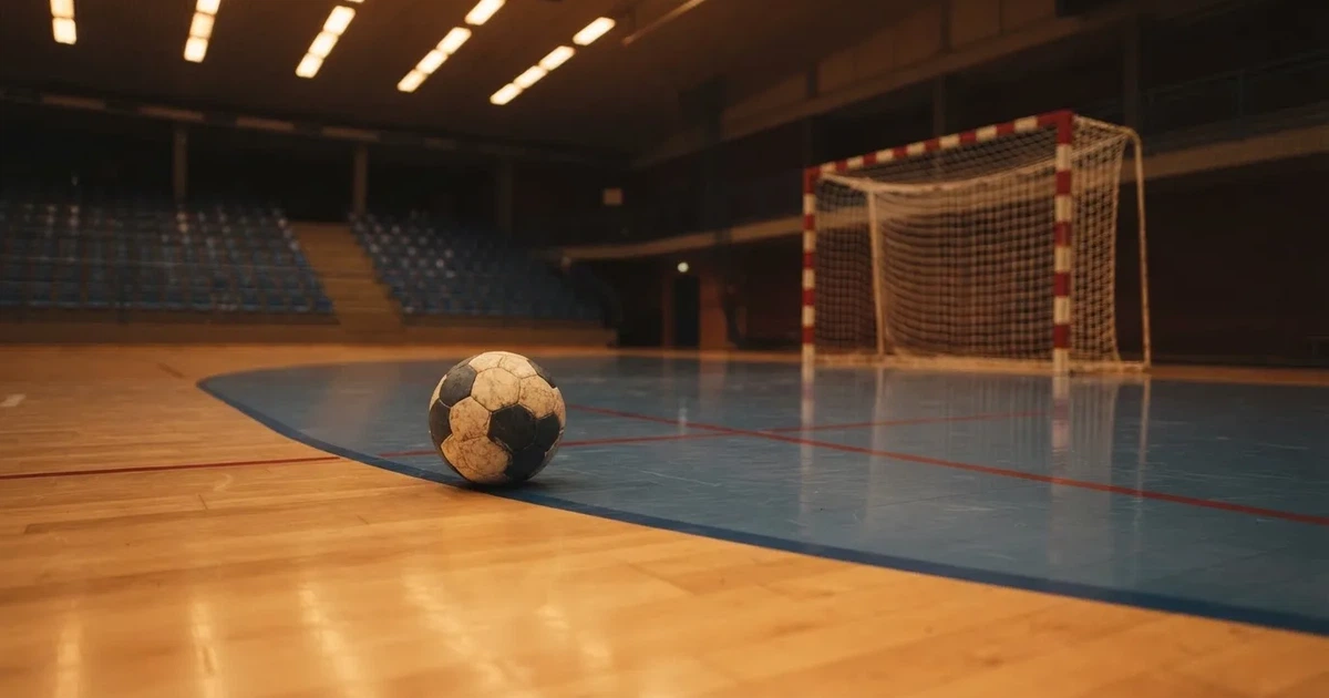 Piłka ręczna leży na żywicznym parkiecie przy linii pola bramkowego w pustej hali sportowej, nad nią rzędy świateł.