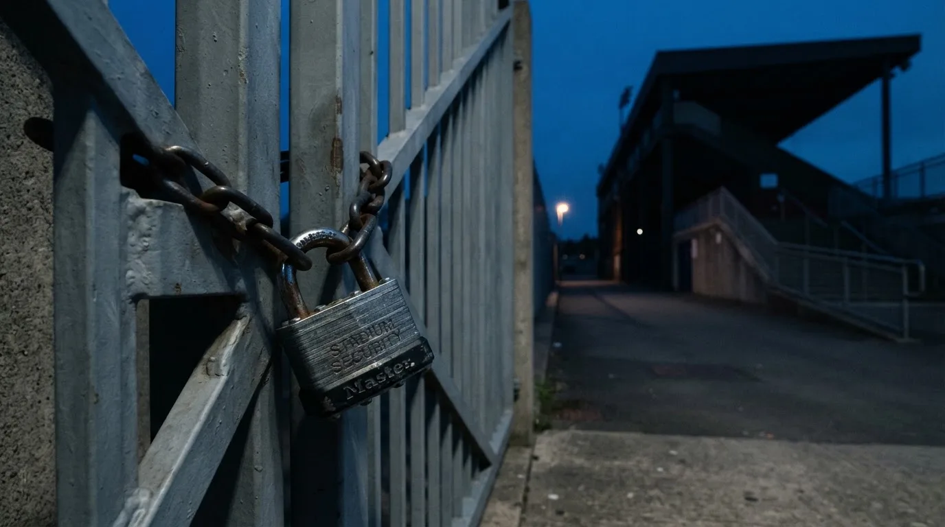 Kłódka wisi na metalowej bramie stadionowej, za nią pusty chodnik i światło latarni w oddali.