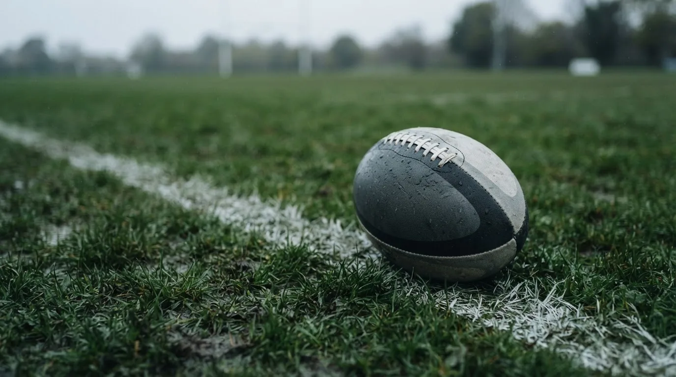 Owalna piłka do rugby leży na mokrej trawie obok linii pola punktowego w chłodnym świetle dnia.