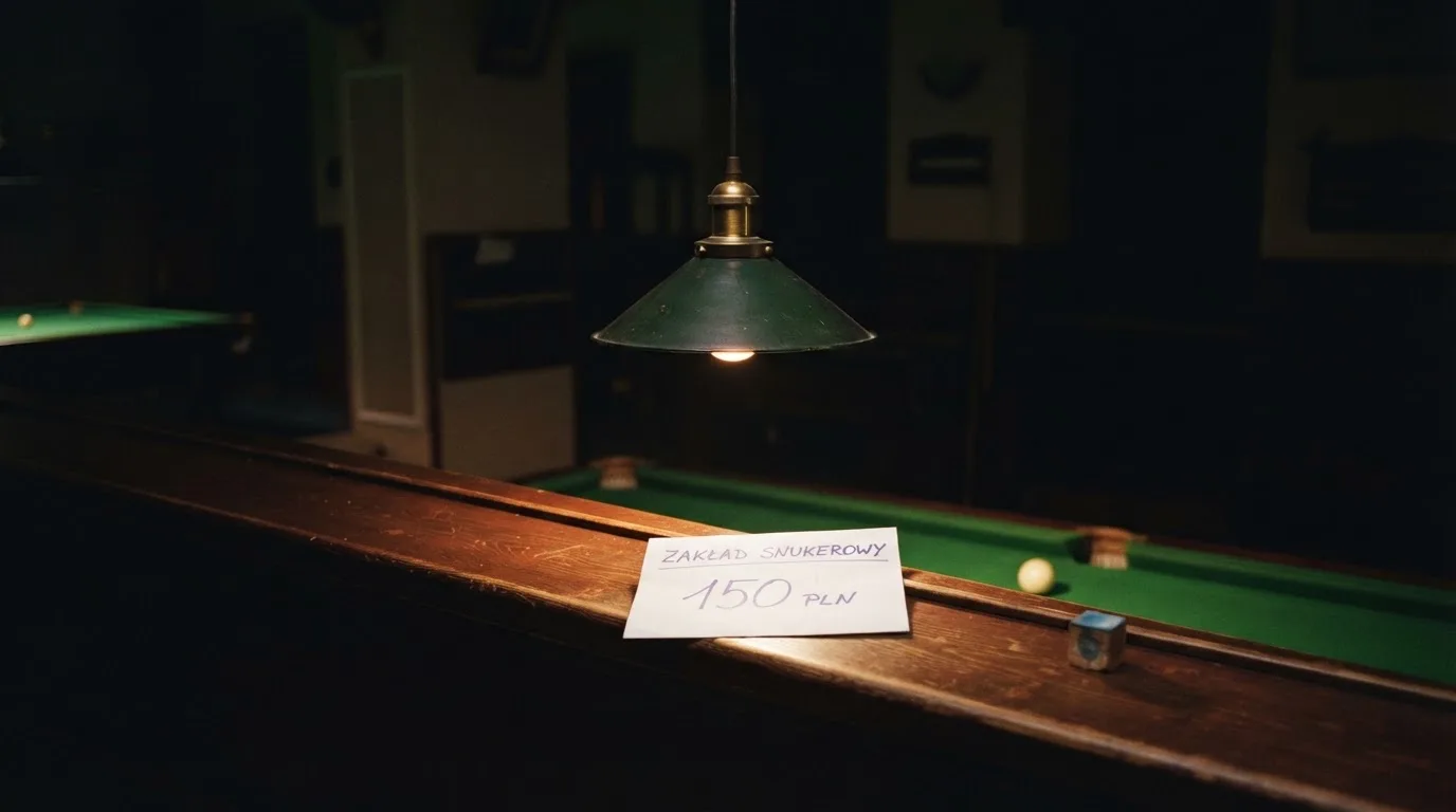 Lampa nad stołem rzuca stożek światła na zielone sukno, reszta pustego pokoju tonie w mroku.