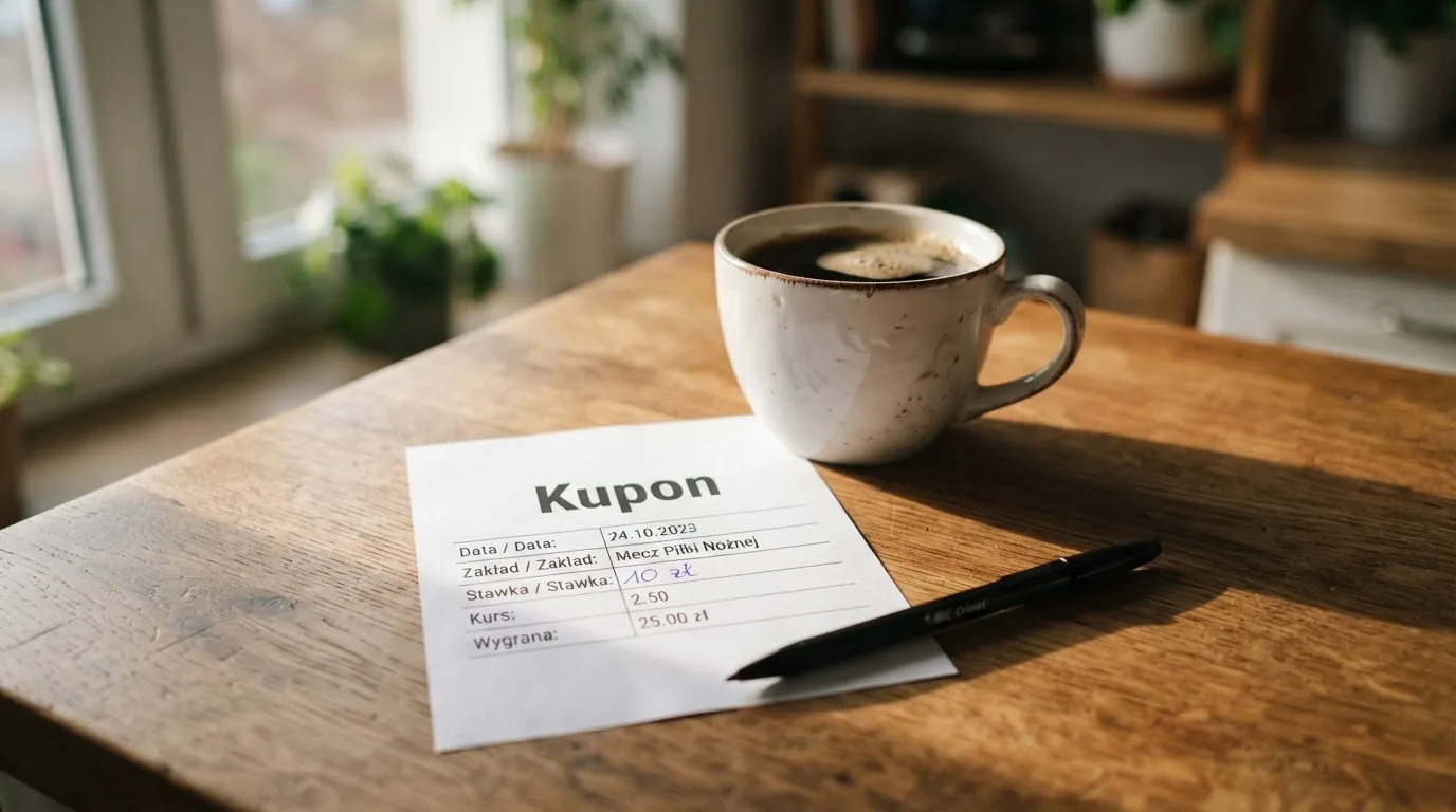 Pusty biały papierowy kupon i długopis leżą na brzegu stołu, obok stoi kubek kawy w porannym świetle.
