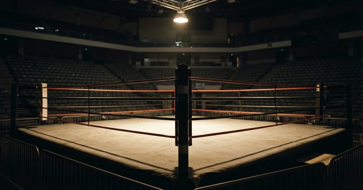 Ring w pustej hali sportowej oświetlony pojedynczą lampą z góry, liny napięte, wokół ciemne trybuny.