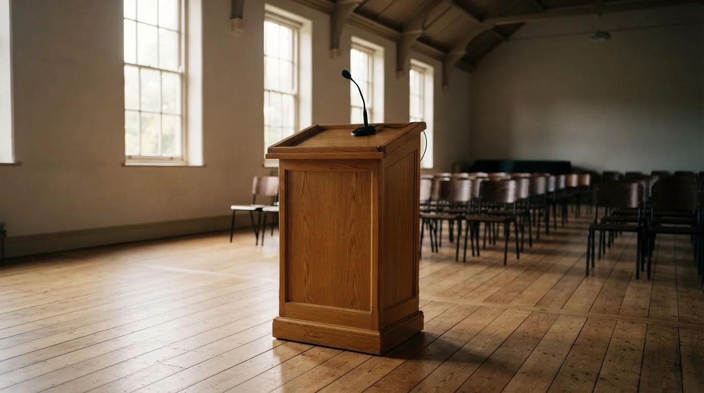Pusty drewniany pulpit mówcy w sali z wysokim sufitem, oświetlony światłem z bocznego okna.