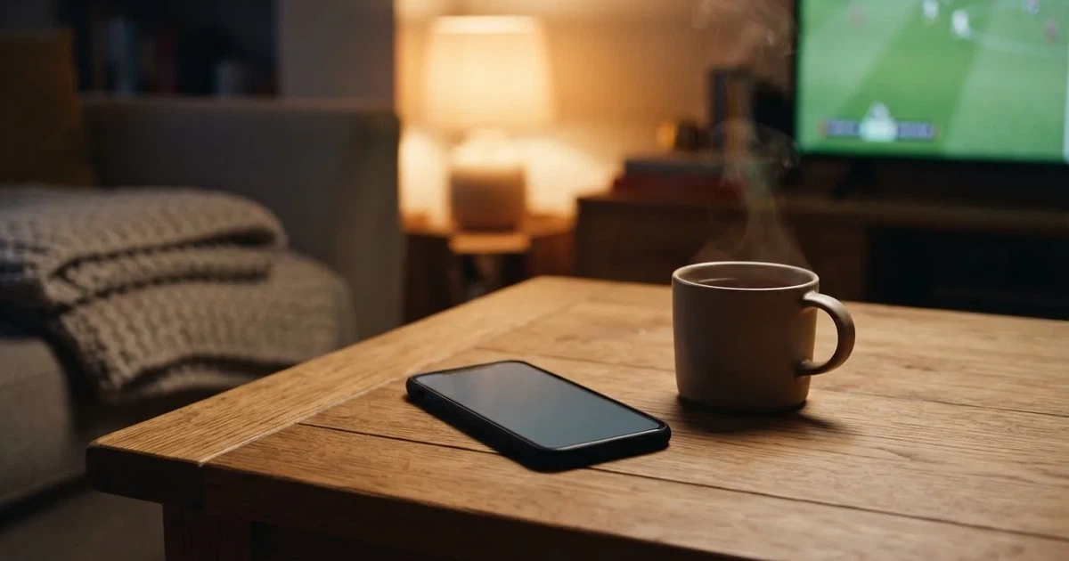 Smartfon leży z wygaszonym ekranem na stole w salonie obok kubka herbaty, w tle przygaszone światło lampy.