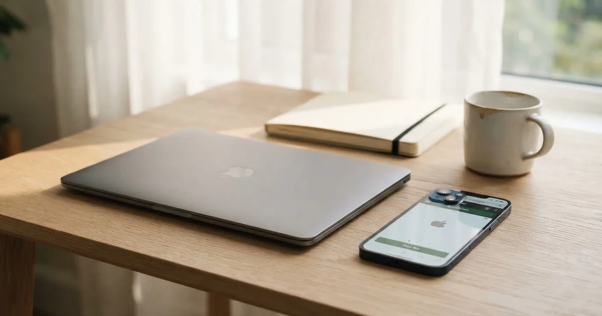 Zamknięty laptop i smartfon leżą równo obok siebie na jasnym biurku przy oknie w świetle dnia.
