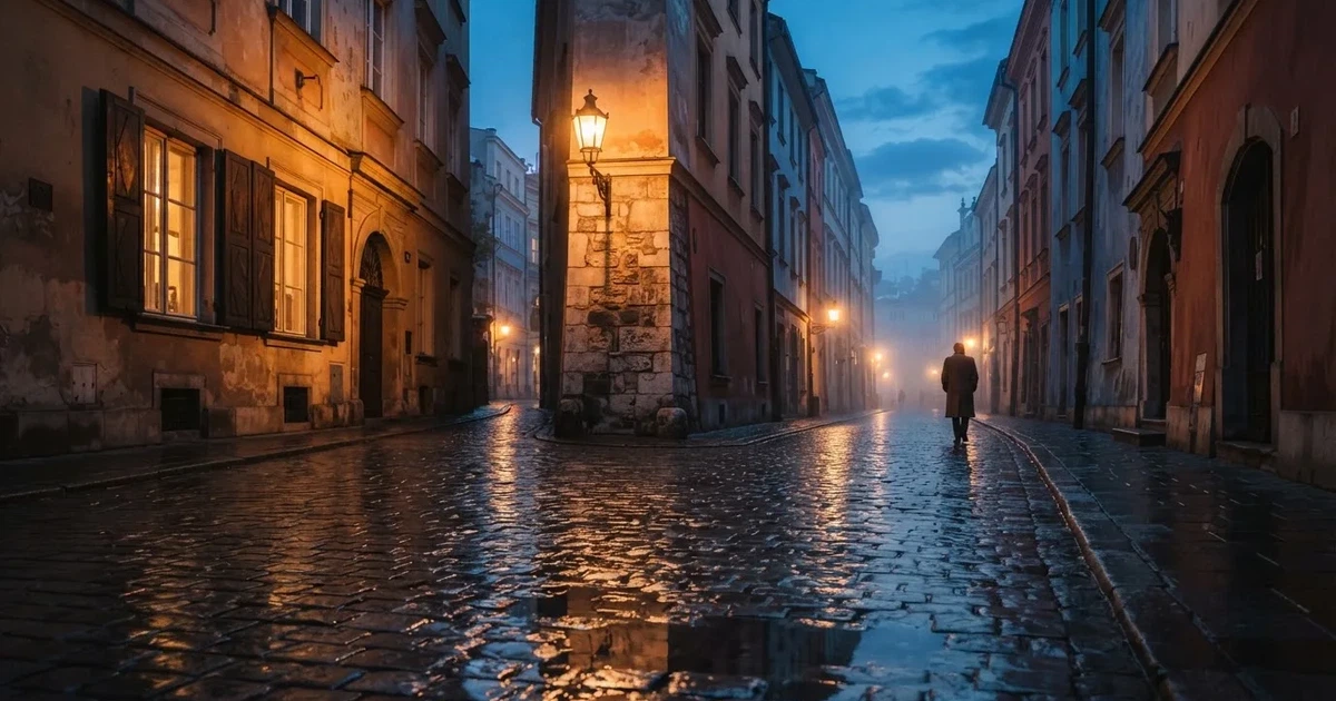 Skrzyżowanie wąskich uliczek starego miasta wieczorem, mokry bruk odbija światła latarni.