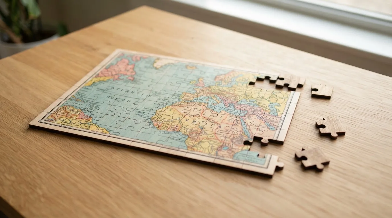 Układanka puzzle częściowo złożona na blacie stołu, kilka elementów leży obok w świetle okna.